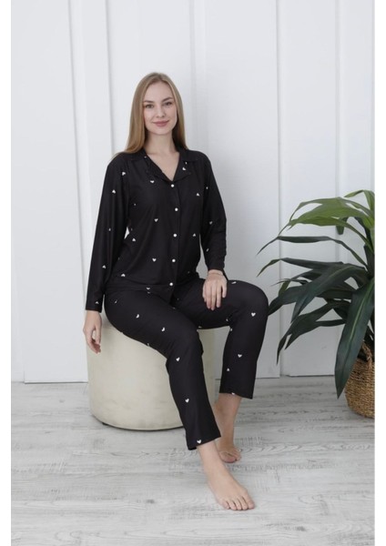 Kadın Siyah Mini Kalp Desenli Milan Kumaş Gömlek Yaka Pijama Takımı