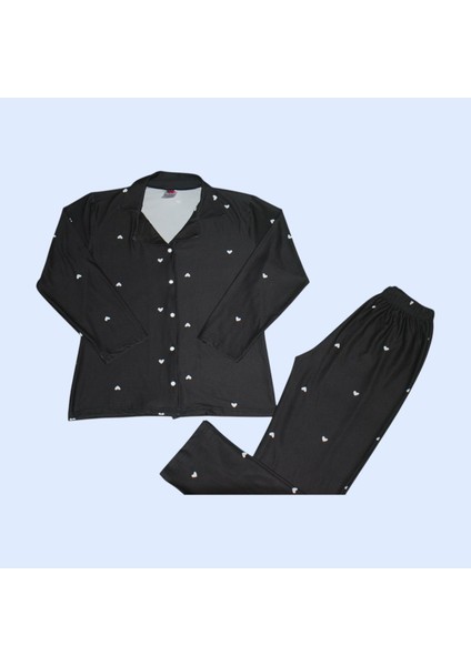 Kadın Siyah Mini Kalp Desenli Milan Kumaş Gömlek Yaka Pijama Takımı