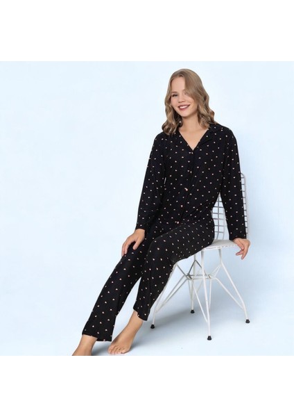 Kadın Pamuklu Siyah Mini Kalp Desenli Uzun Kollu Gömlek Yaka Pijama Takımı