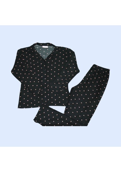 Kadın Pamuklu Siyah Mini Kalp Desenli Uzun Kollu Gömlek Yaka Pijama Takımı