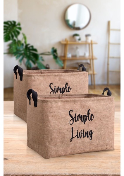 Jüt Simple Living Baskılı Küçük Boy 2'li Düzenleyici Saklama Sepeti Set 15 x 25 x 18