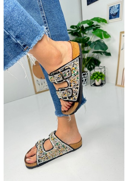 Günlük Kadın Terlik Çift Tokalı Çakıl Taşlı Oval Burunlu Anatomik Mantar Taban Alçak Topuklu 1792 fiyatları