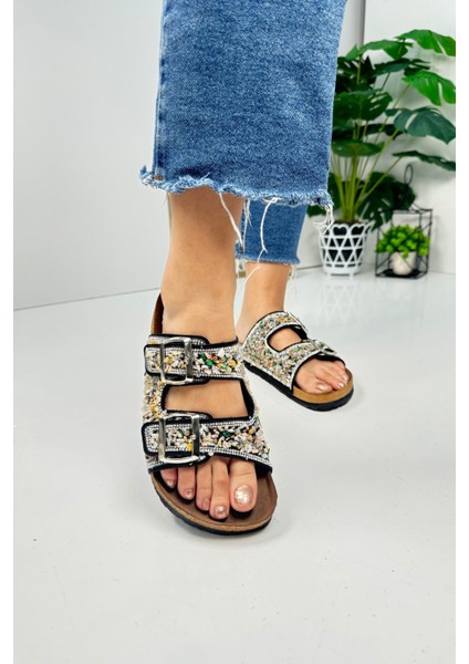 Günlük Kadın Terlik Çift Tokalı Çakıl Taşlı Oval Burunlu Anatomik Mantar Taban Alçak Topuklu 1792 fırsatları