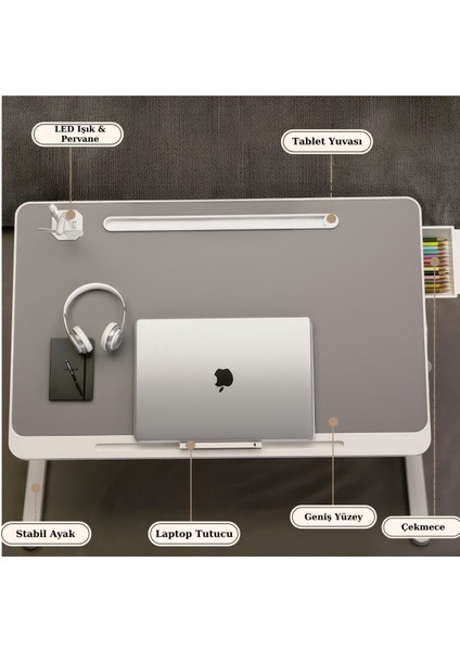 Yükseklik ve Açı Ayarlı Laptop Sehpası | Katlanır Çalışma Masası | Çok Fonksiyonlu Yatak Sehpası N6 Beyaz