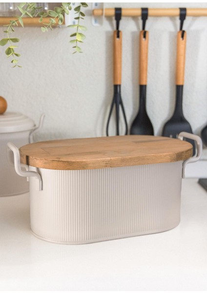 Stripe Ahşap Kapaklı Ekmek Saklama Kutusu Bej 40X22X18 cm