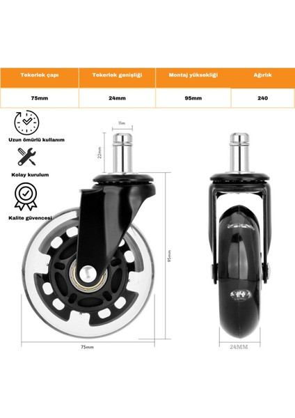 75mm RGB Silikon Oyuncu Koltuğu Tekeri | Ofis Koltuk Tekeri | Ultra Sessiz Sandalye Tekeri