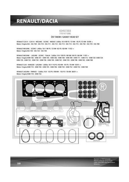 42457203 Üst Takım Contası Skt Keçeli Megane Clio Laguna 1.4 1.6 16V K4J K4M 7701471886
