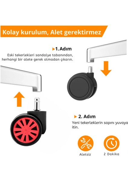 60mm Kırmızı Oyuncu Koltuğu Tekeri | Ofis Koltuk Tekeri | Ultra Sessiz Sandalye Tekeri