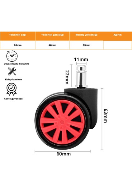 60mm Kırmızı Oyuncu Koltuğu Tekeri | Ofis Koltuk Tekeri | Ultra Sessiz Sandalye Tekeri