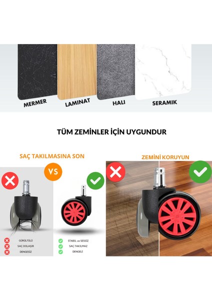 60mm Kırmızı Oyuncu Koltuğu Tekeri | Ofis Koltuk Tekeri | Ultra Sessiz Sandalye Tekeri