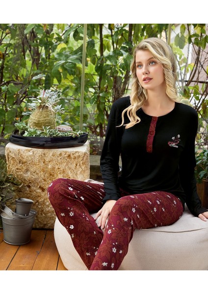 Kadın Pamuklu Uzun Kollu Bisiklet Yaka Desenli Pijama Takımı