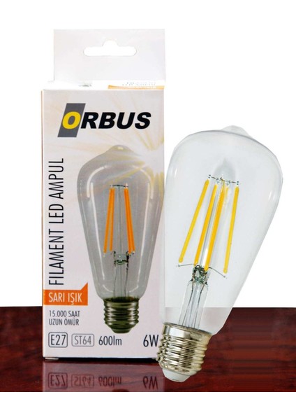 ORB-STM6W ST64 6W E27 Beyaz Cam Sarı Işık Dekoratif 540 Lm Led Ampul Ra80 220-240V-50Hz