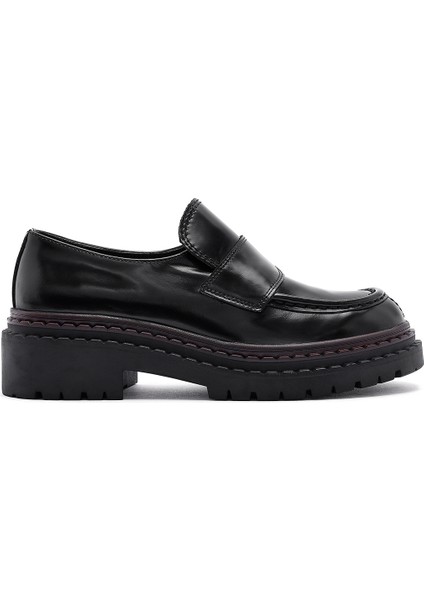 Kadın Siyah Kalın Tabanlı Deri Maskülen Loafer 24WFD142822