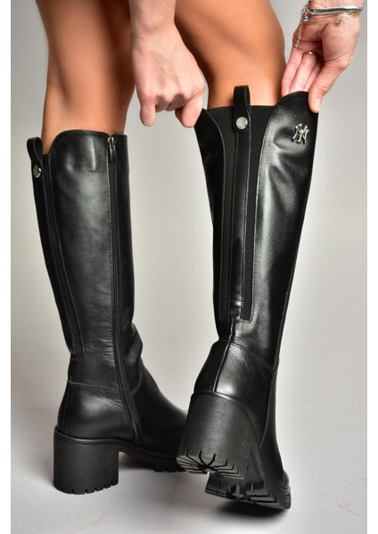 R654034003 Siyah Gerçek Deri Kalın Topuklu Kadın Çizme modelleri