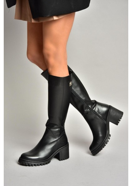 R654034003 Siyah Gerçek Deri Kalın Topuklu Kadın Çizme fırsatları