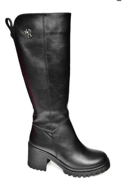 R654034003 Siyah Gerçek Deri Kalın Topuklu Kadın Çizme indirimleri