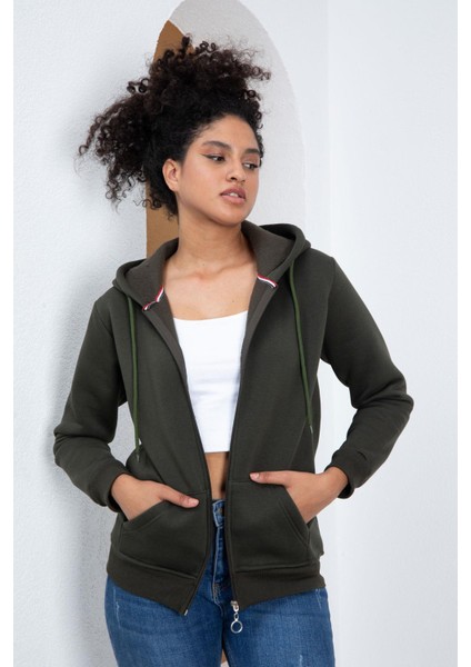 Kadın Şardonlu Fermuarlı Üç Iplik Sweatshirt - Haki