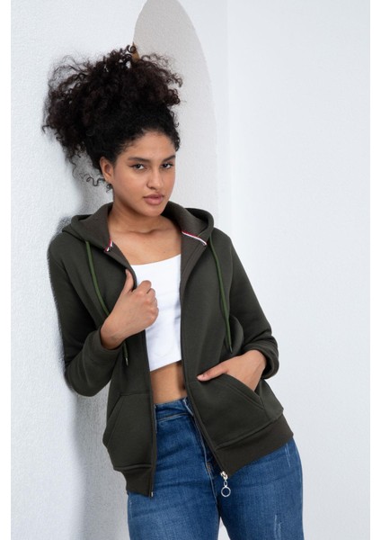 Kadın Şardonlu Fermuarlı Üç Iplik Sweatshirt - Haki