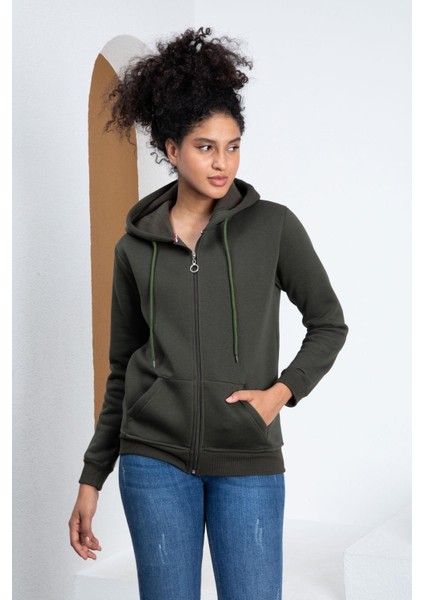 Kadın Şardonlu Fermuarlı Üç Iplik Sweatshirt - Haki