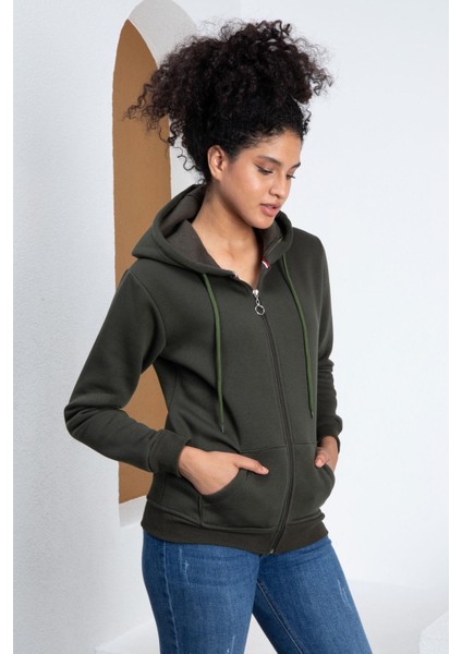 Kadın Şardonlu Fermuarlı Üç Iplik Sweatshirt - Haki