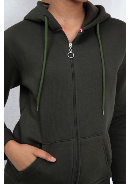 Kadın Şardonlu Fermuarlı Üç Iplik Sweatshirt - Haki