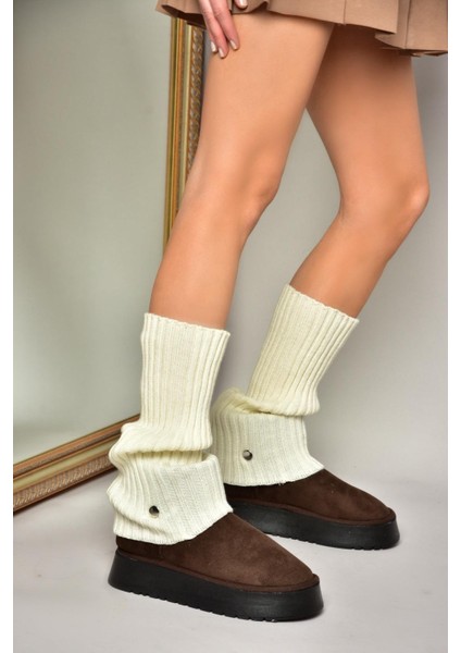 T918548102 Kahverengi/bej Süet Triko Detaylı Kadın Bot