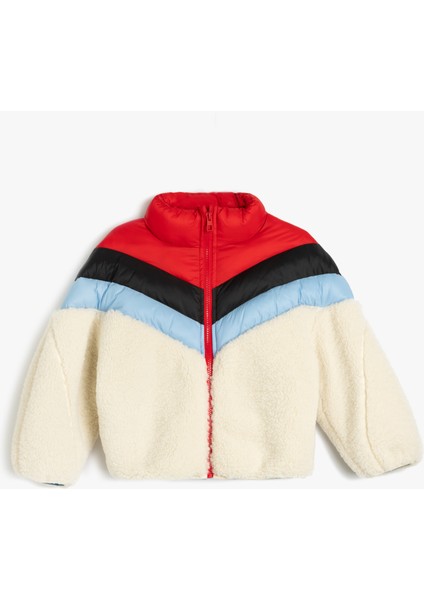 Peluş Ceket Fermuarlı Dik Yaka Cepli Kumaş Detaylı
