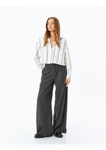 Uzun Kollu Cep Detaylı Çizgili Crop Poplin Gömlek