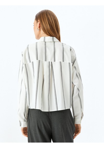 Uzun Kollu Cep Detaylı Çizgili Crop Poplin Gömlek