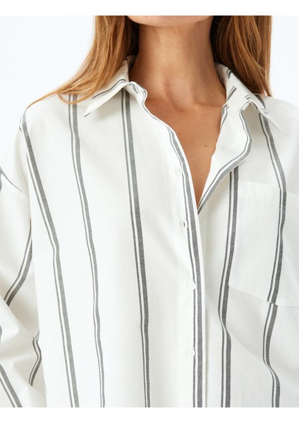 Uzun Kollu Cep Detaylı Çizgili Crop Poplin Gömlek