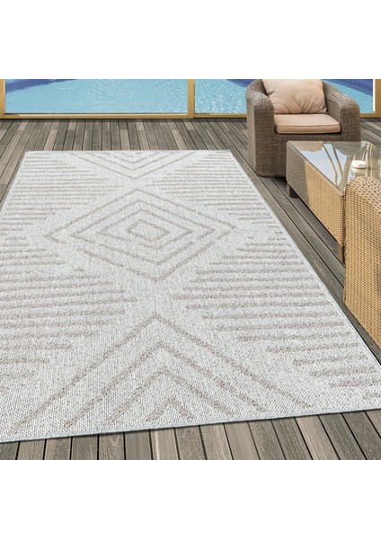 Dış Mekan Balkon Teras Halısı Sisal Hasır Görünümlü Çizgi Karo Desenli Pembe Halı