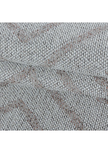 Dış Mekan Balkon Teras Halısı Sisal Hasır Görünümlü Çizgi Karo Desenli Pembe Halı