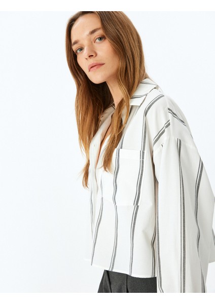 Uzun Kollu Cep Detaylı Çizgili Crop Poplin Gömlek