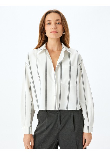 Uzun Kollu Cep Detaylı Çizgili Crop Poplin Gömlek modelleri