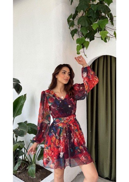 Şifon Kumaş Astarlı Elbise Kısa Elbise Mini Elbise Elbise