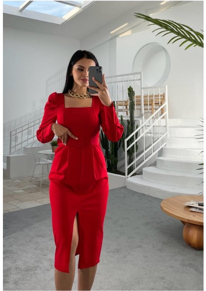 Örme Crep Kumaş Kare Yak Elbise Uzun Elbise Maxi Elbise Elbise