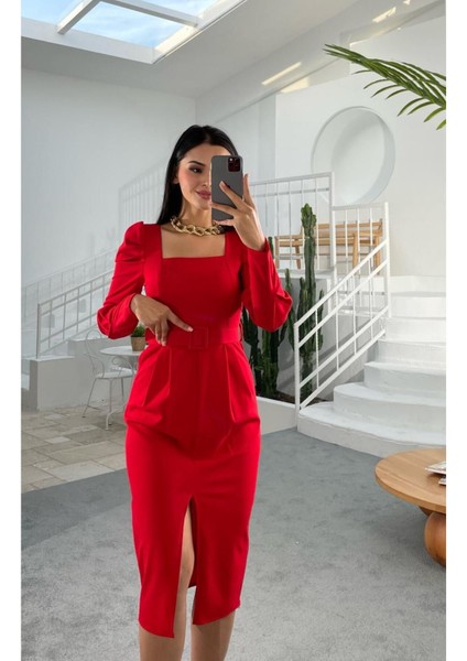 Örme Crep Kumaş Kare Yak Elbise Uzun Elbise Maxi Elbise Elbise