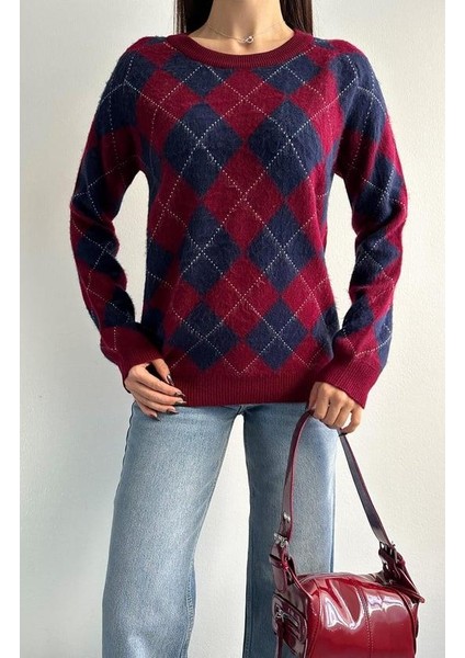 4019 Baklava Desenli Jakarlı Kazak Bordo-Lacivert