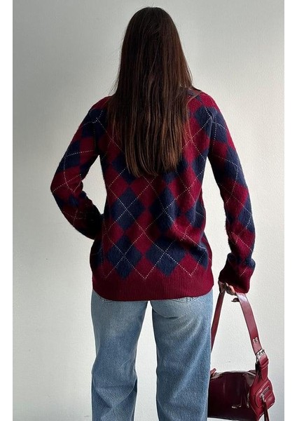 4019 Baklava Desenli Jakarlı Kazak Bordo-Lacivert fiyatları