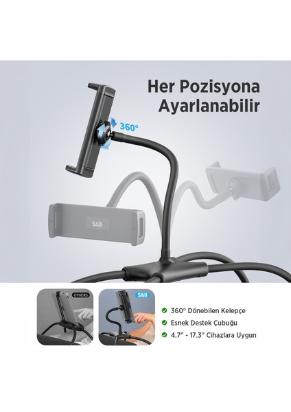 Saiji Q2T 360° Ayarlanabilir Tablet ve Telefon Standı – Yatak, Masa, Zemin ve Araba Için Esnek ve Dayanıklı Monitör ve Telefon Tutucu, Hafif ve Taşınabilir Tasarım