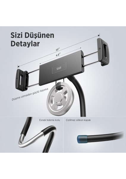 Saiji Q2T 360° Ayarlanabilir Tablet ve Telefon Standı – Yatak, Masa, Zemin ve Araba Için Esnek ve Dayanıklı Monitör ve Telefon Tutucu, Hafif ve Taşınabilir Tasarım