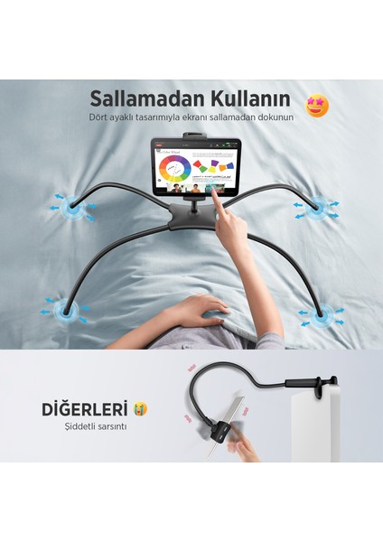 Saiji Q2T 360° Ayarlanabilir Tablet ve Telefon Standı – Yatak, Masa, Zemin ve Araba Için Esnek ve Dayanıklı Monitör ve Telefon Tutucu, Hafif ve Taşınabilir Tasarım