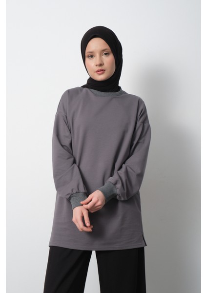 Kadın Antrasit Bisiklet Yaka Yırtmaç Detaylı Balon Kol 2İplik Sweatshirt fiyatları