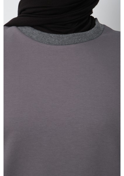 Kadın Antrasit Bisiklet Yaka Yırtmaç Detaylı Balon Kol 2İplik Sweatshirt modelleri