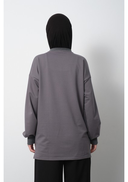 Kadın Antrasit Bisiklet Yaka Yırtmaç Detaylı Balon Kol 2İplik Sweatshirt indirimleri
