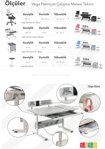 Yükseklik ve Eğim Ayarlı, Vega Premium Bilgisayar ve Çalışma Masası Takımı Beyaz/Gri