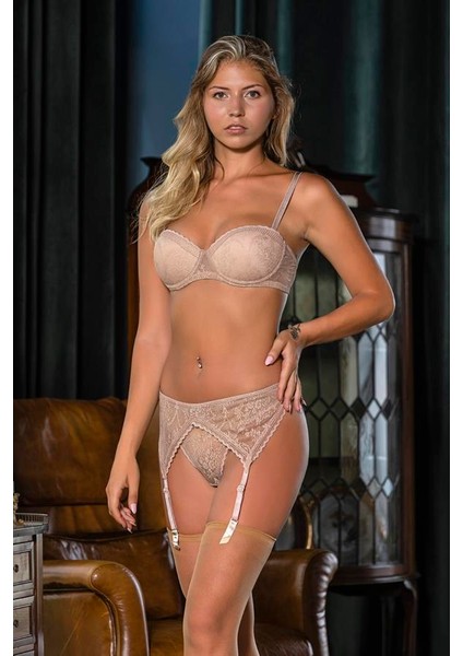 Sütyen, String Jartiyer ve Çorap Takım Cappucino (BRF31102)