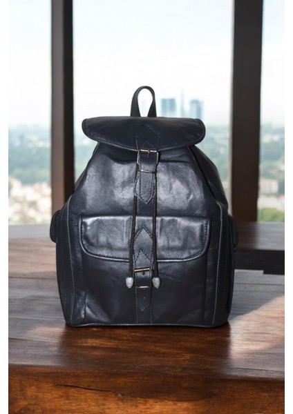 Kadın Erkek Kullanımlı Lacivert Sırt Çantası Hakiki Deri Siyah 3 Cepli Model fırsatları