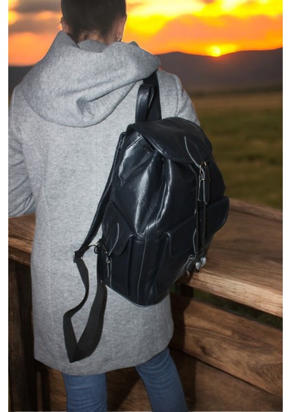 Kadın Erkek Kullanımlı Lacivert Sırt Çantası Hakiki Deri Siyah 3 Cepli Model fiyatları