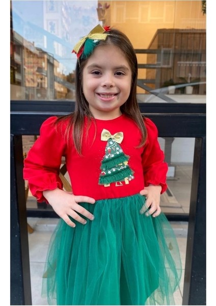 Kırmızı Renk Yılbaşı Ağacı Desenli Noel Elbisesi